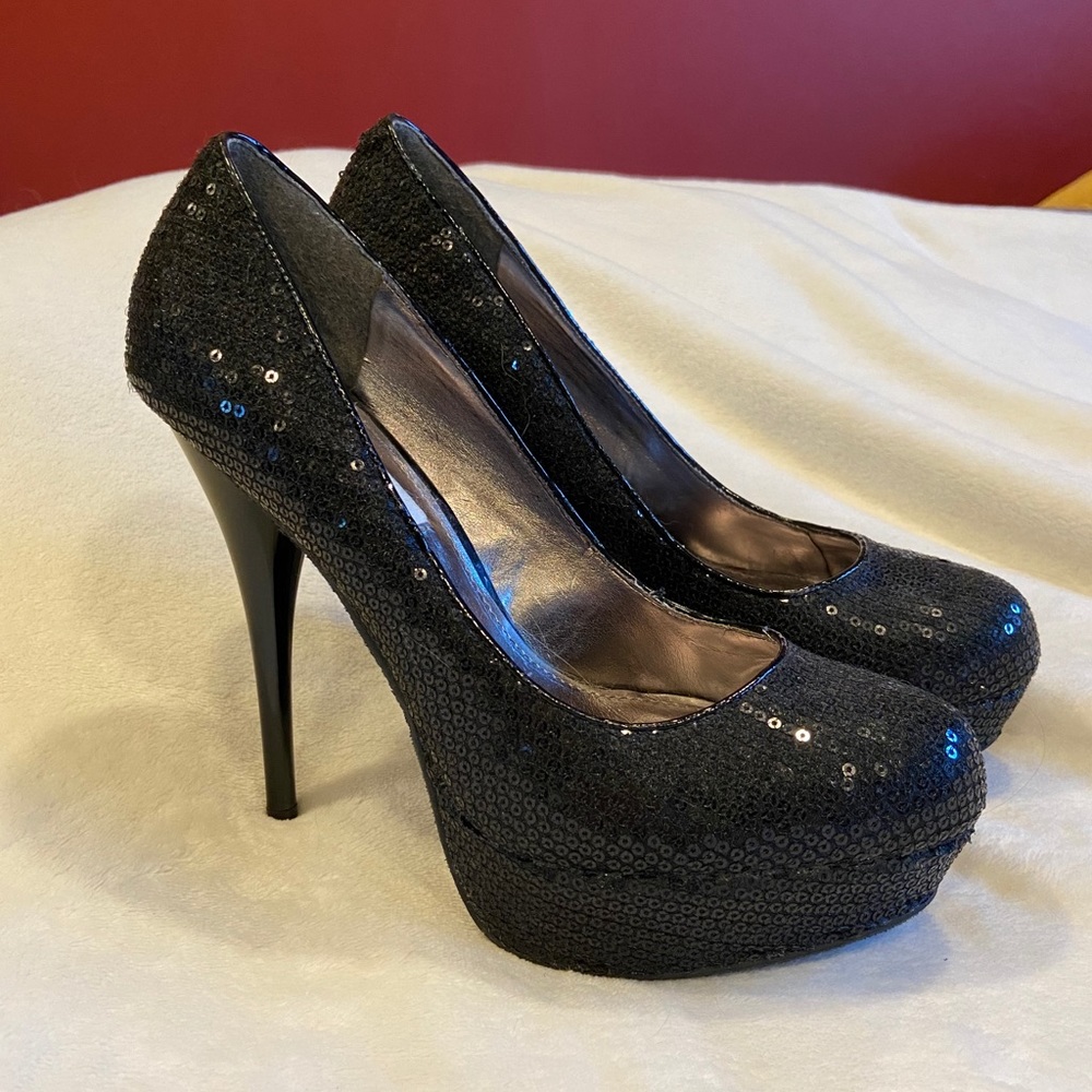 Steve Madden Black Stiletto Sequin Heels; Sz. 8